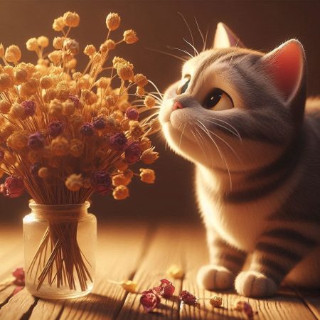 gato oliendo flores secas en un jardín aromático como enriquecimiento sensorial